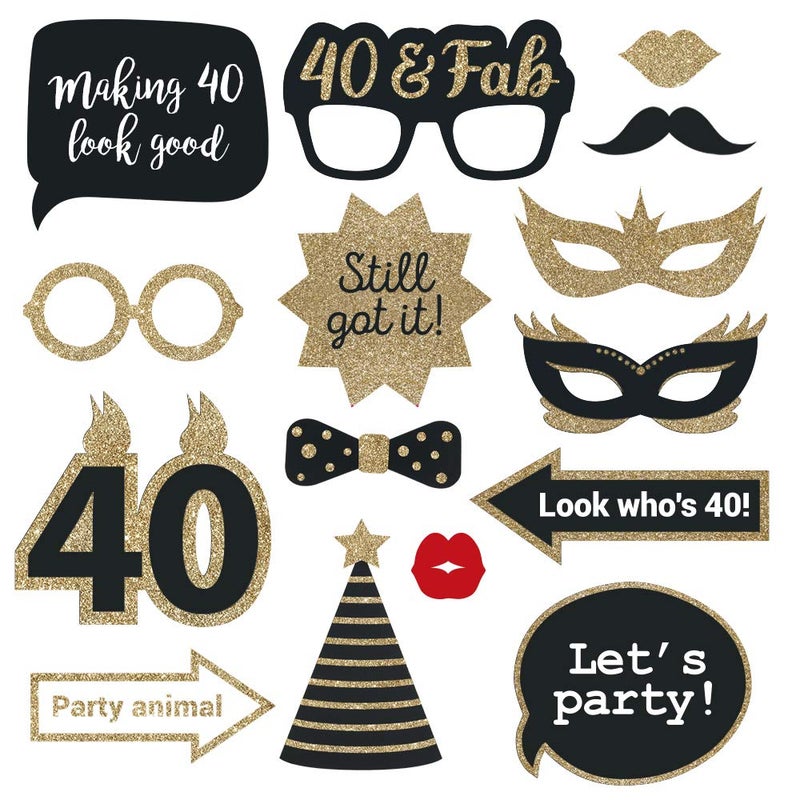 Perfect Occasion Fully Assembled 40th Birthday Photo Booth Props - Set of 30 - Black & Gold Selfie Signs - 40th Party Supplies & Decorations - Cute Bday Designs with Real Glitter - Did We Mention No DIY - Image 5